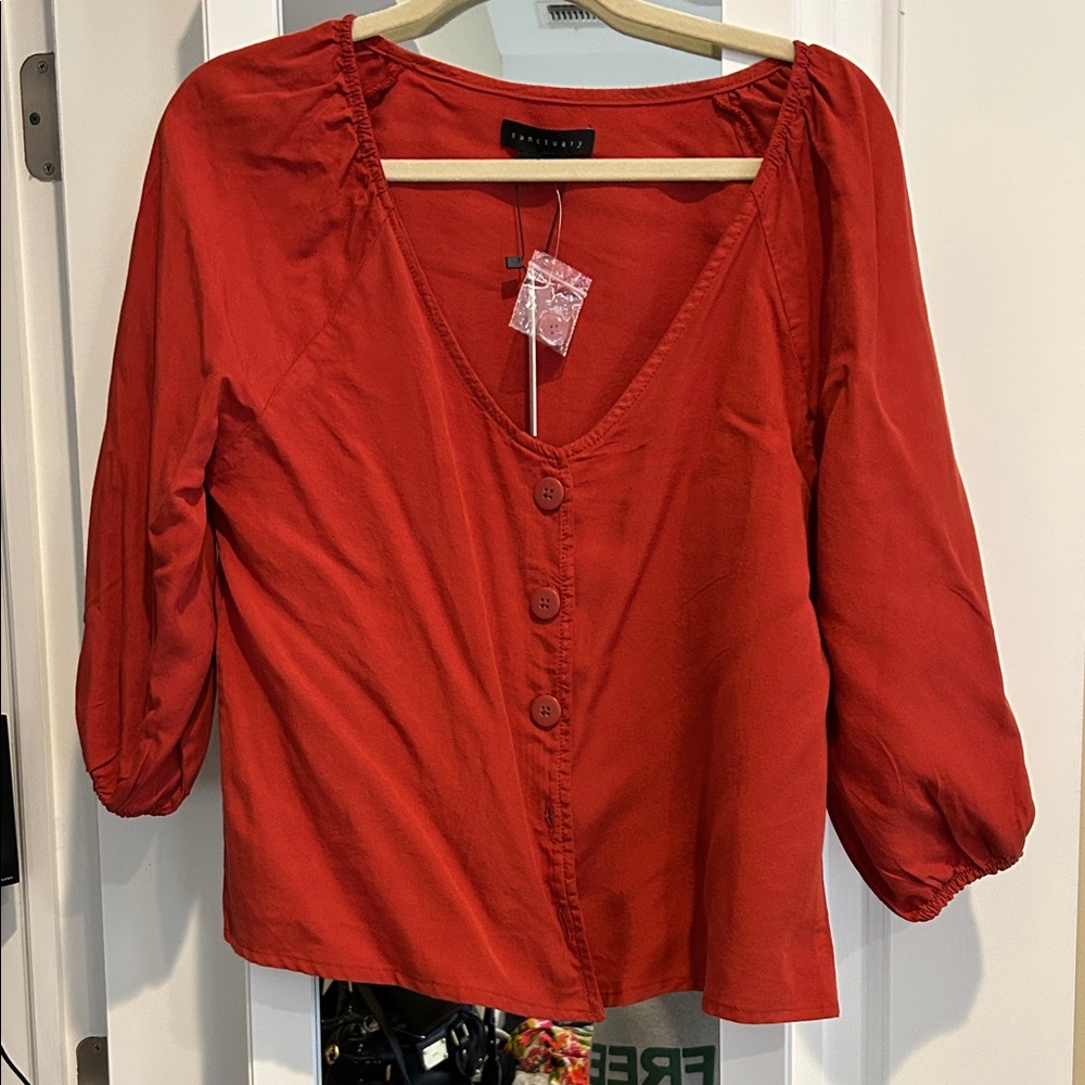 Sanctuary Red V-Neck Button-Up Blouse